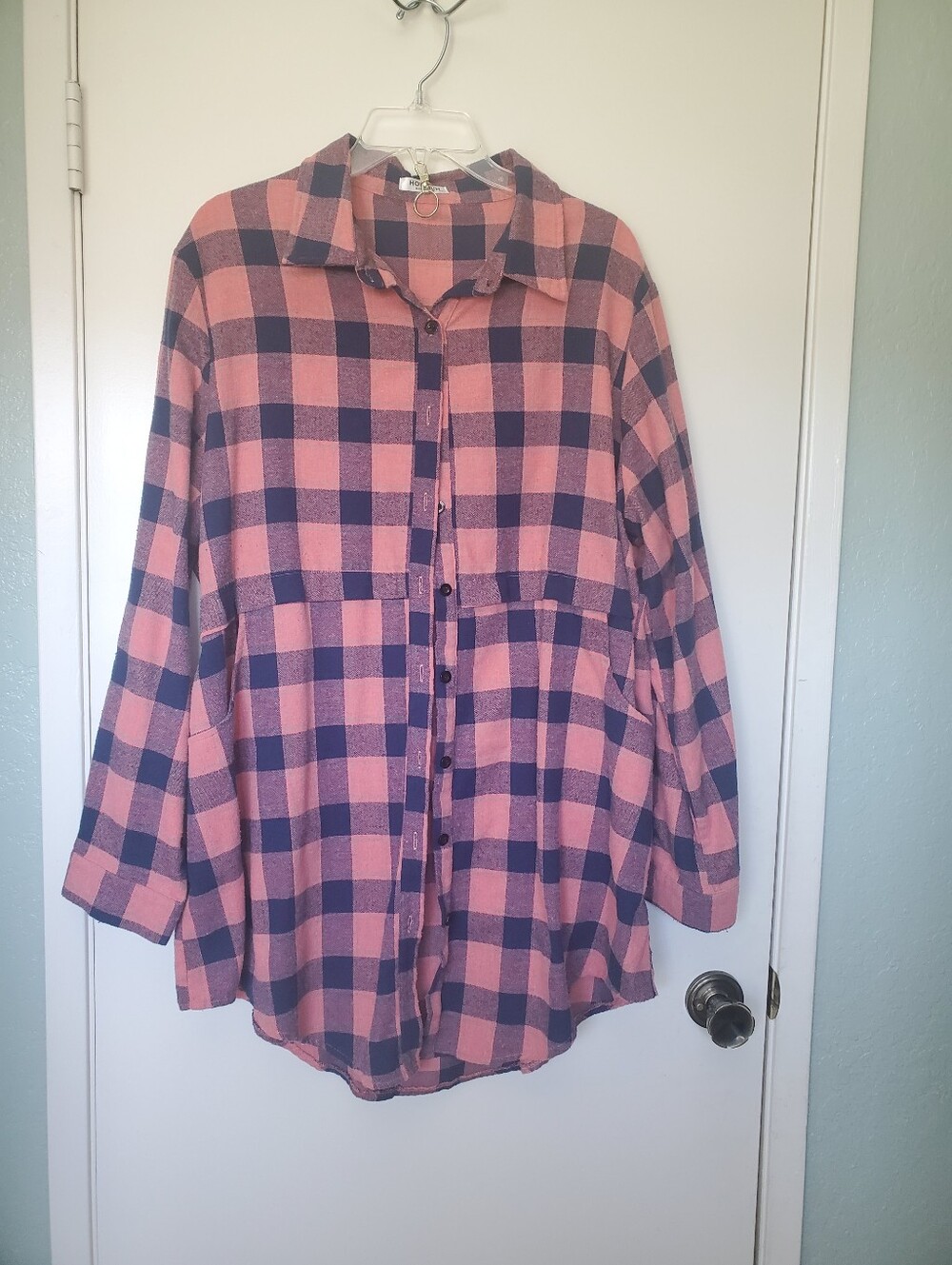 Hotouch Salmon Pink and Navy Plaid Flannel Tunic Shirt w/Pockets Sz XXL Y2K